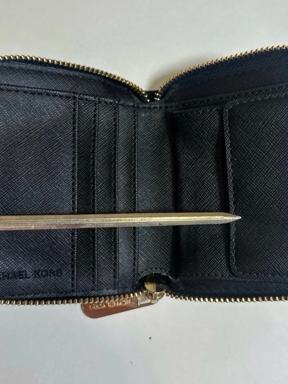 Michael Kors Black Patent Zip Around Card Holder with Gold Plate